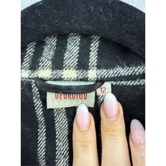 Georgiou Studio Womens Black White Plaid Long Wool Blend Pea Coat Jacket Size 12 - Picture 3 of 10